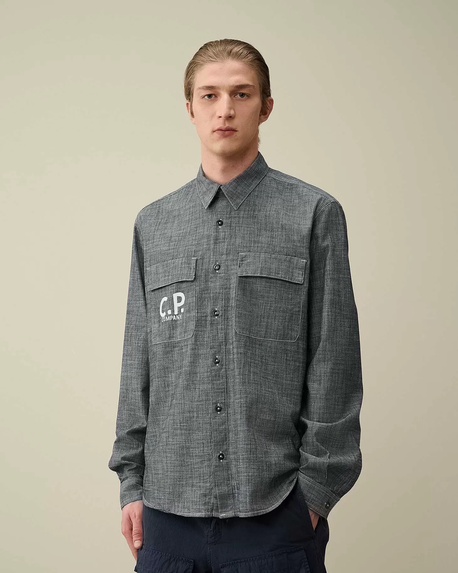 Homme C.P. Company Chemises^Chambray Long Sleeved Logo Shirt